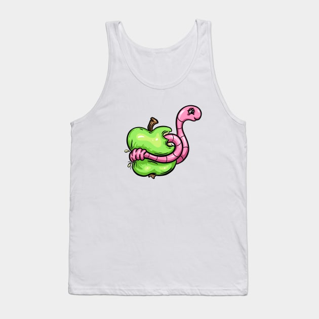 Worm in an Apple Cartoon Character Illustration Tank Top by Squeeb Creative